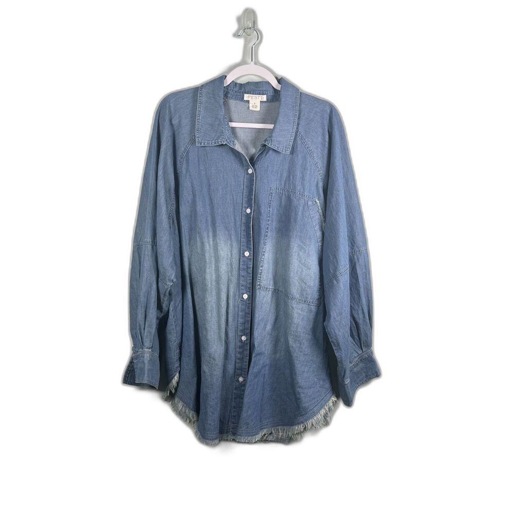 Festi Torrid Denim Top Cotton Western Chic Frayed Long Sleeve 3X Medium Wash